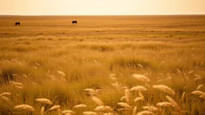 Expansive Sandhills grassland ecosystem with native prairie grasses swaying in wind, cattle grazing in distance, golden afternoon light, ecological and agricultural productivity visible
