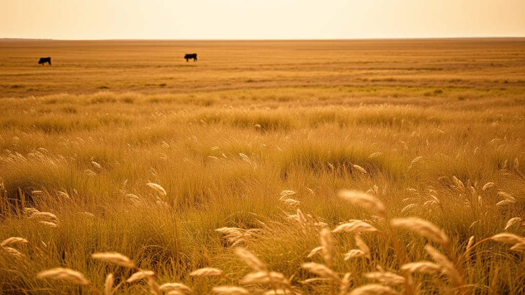 Expansive Sandhills grassland ecosystem with native prairie grasses swaying in wind, cattle grazing in distance, golden afternoon light, ecological and agricultural productivity visible