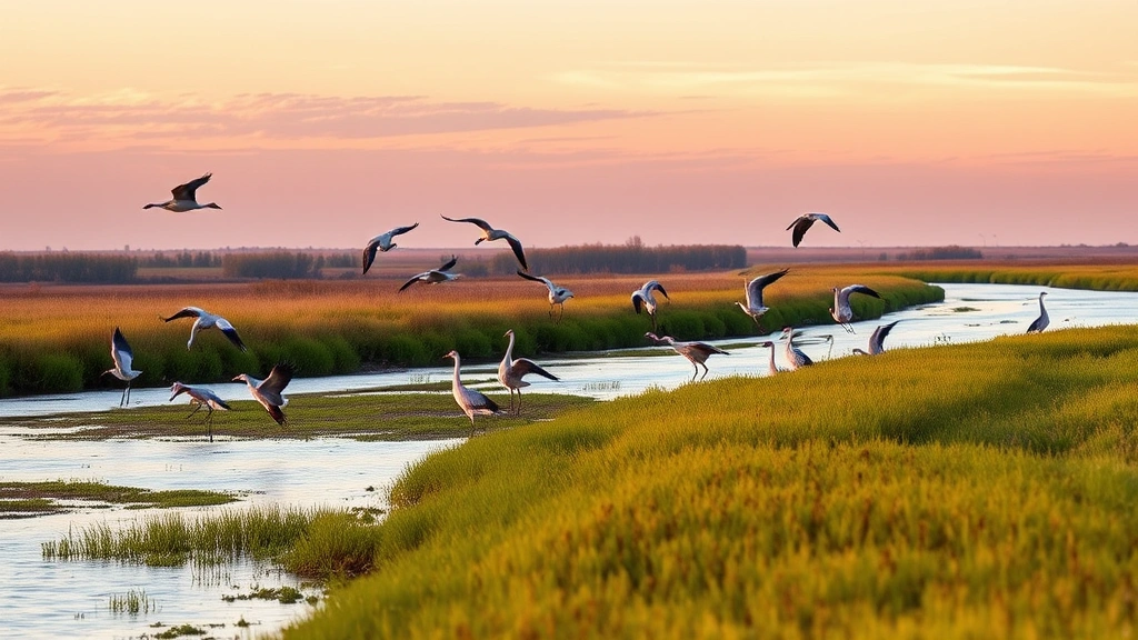 Platte River landscape with sandhill cranes wading in wetlands at sunrise, native vegetation lining riverbanks, water reflecting sky, demonstrating ecosystem services and wildlife habitat value