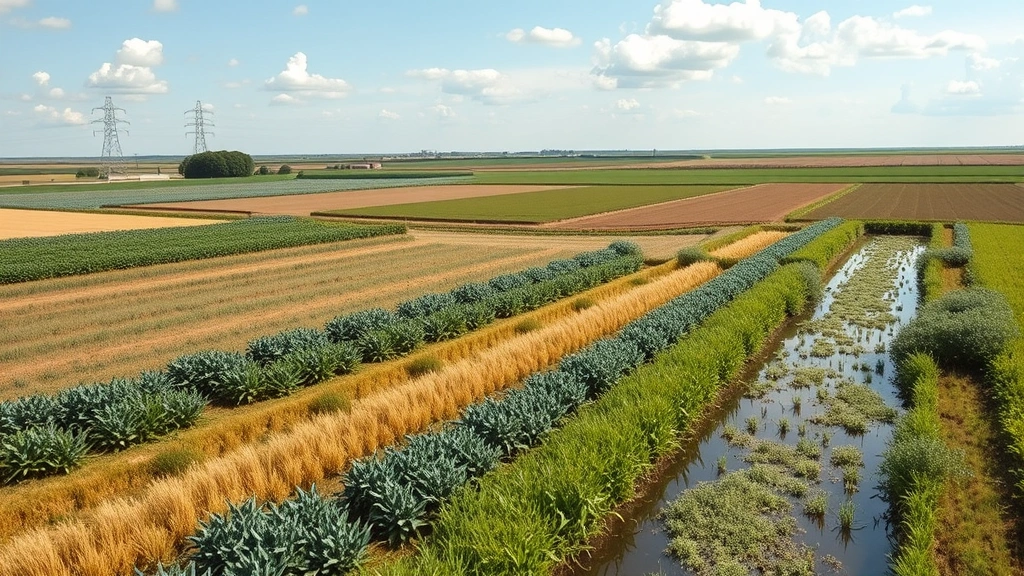 Nebraska agricultural landscape showing sustainable farming practices with diverse crop rotation, native hedgerows, and restored wetlands integrated into productive farmland, economic sustainability visible