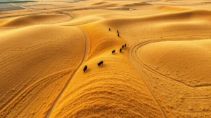 Aerial view of Nebraska Sandhills grassland with cattle grazing, golden prairie landscape, rolling sand dunes, native grass vegetation, natural prairie ecosystem undisturbed, daytime natural lighting, photorealistic landscape photography