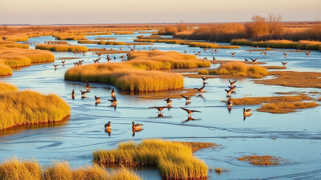 Platte River wetland ecosystem with waterfowl, riparian vegetation, shallow water channels, migratory birds in habitat, marsh grasses, natural water features, sunrise or sunset golden hour lighting, ecological richness visible
