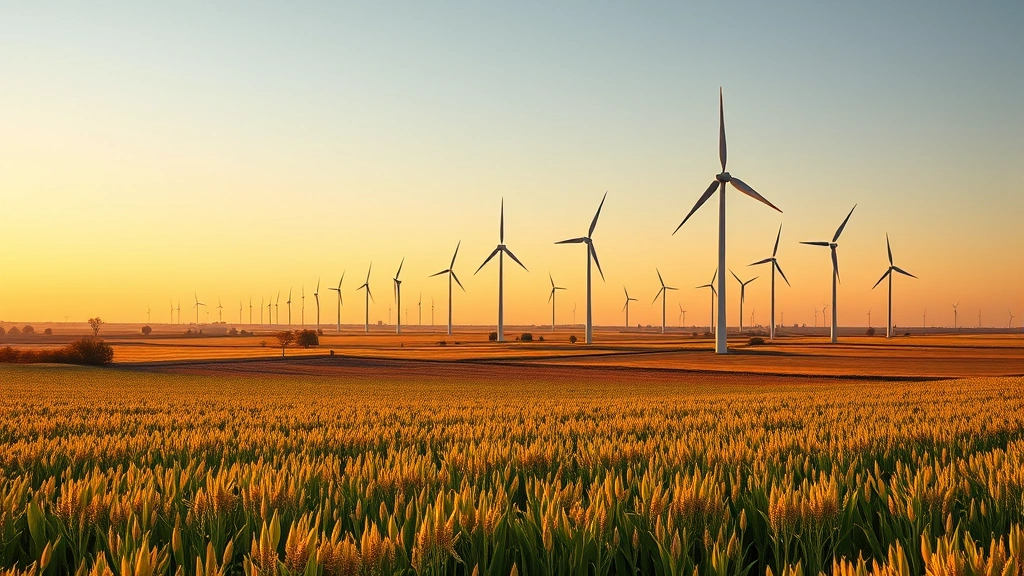 Renewable energy wind turbines in Nebraska agricultural landscape with crop fields in foreground, golden hour lighting, sustainable energy infrastructure integrated with farmland, natural scenery, photorealistic environmental photography