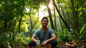 A person sitting peacefully in a lush forest with sunlight filtering through dense green canopy, natural light illuminating their calm expression, surrounded by diverse vegetation and wildlife