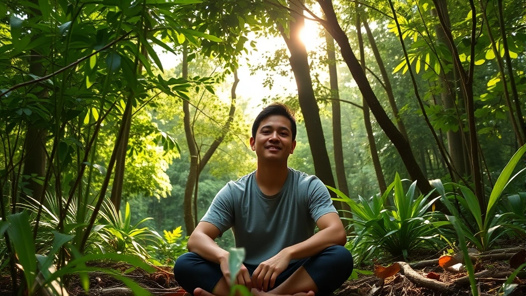 A person sitting peacefully in a lush forest with sunlight filtering through dense green canopy, natural light illuminating their calm expression, surrounded by diverse vegetation and wildlife