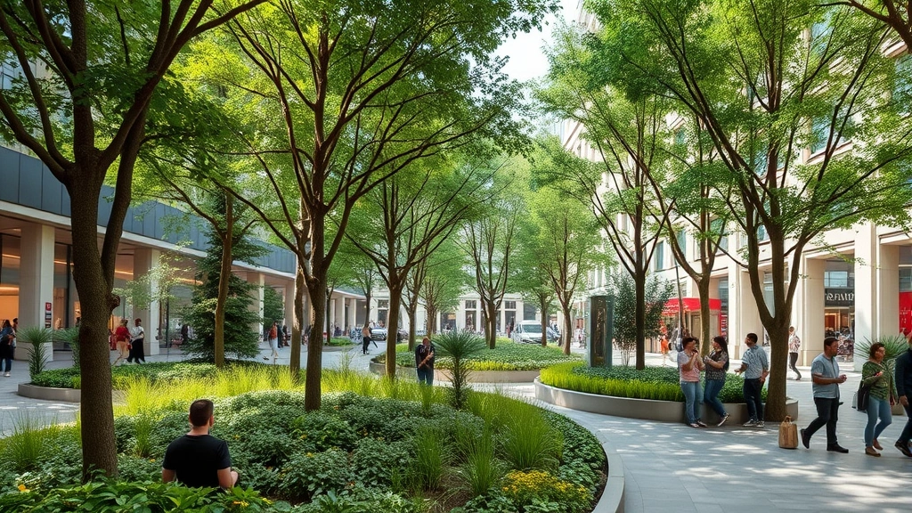 Urban green space with trees and vegetation integrated into a modern city environment, workers and residents engaging in activities near natural elements, showing sustainable infrastructure