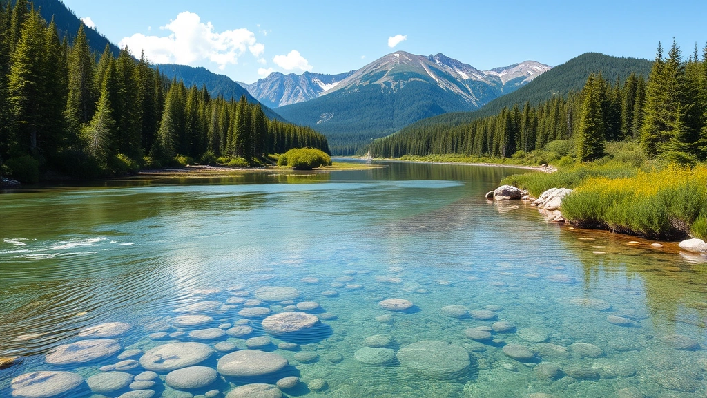 A serene natural landscape with clean air, clear water, and thriving ecosystem - mountains, forests, and healthy waterways representing pristine environmental conditions