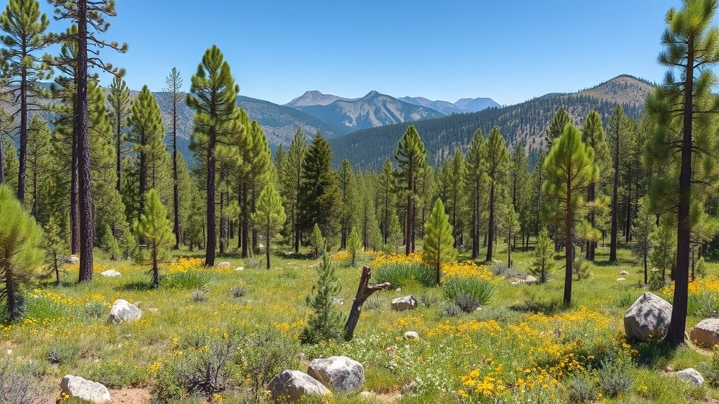 Thinned ponderosa pine forest with healthy undergrowth and wildflowers, mountains landscape, forest management restoration project showing ecosystem recovery
