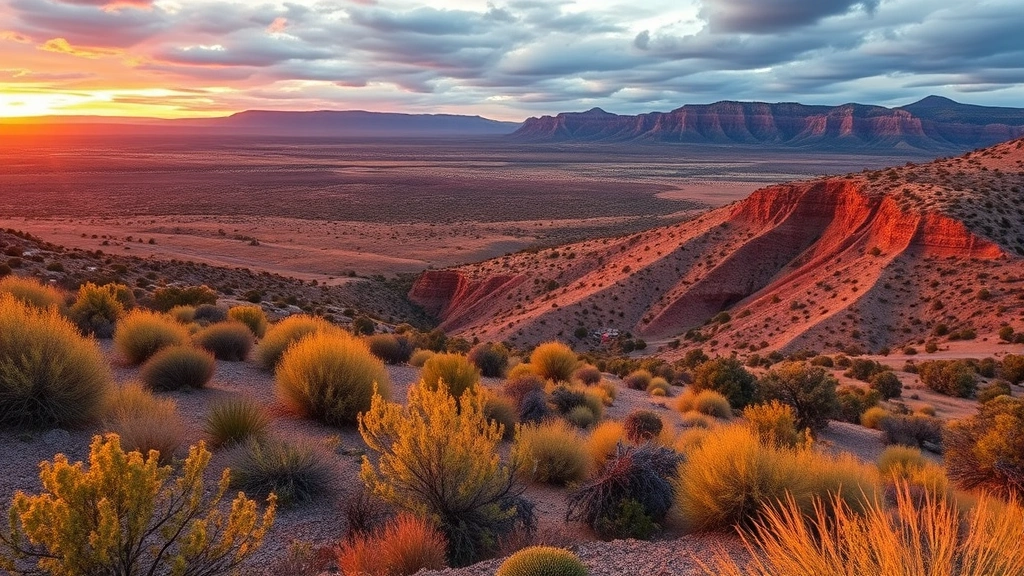 Chihuahuan desert landscape with native vegetation, wildlife habitat, sunset lighting showing ecosystem diversity and natural beauty of New Mexico