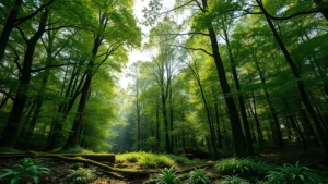 Dense temperate forest canopy with multiple vegetation layers, sunlight filtering through leaves, moss-covered ground, diverse understory plants, photorealistic natural lighting