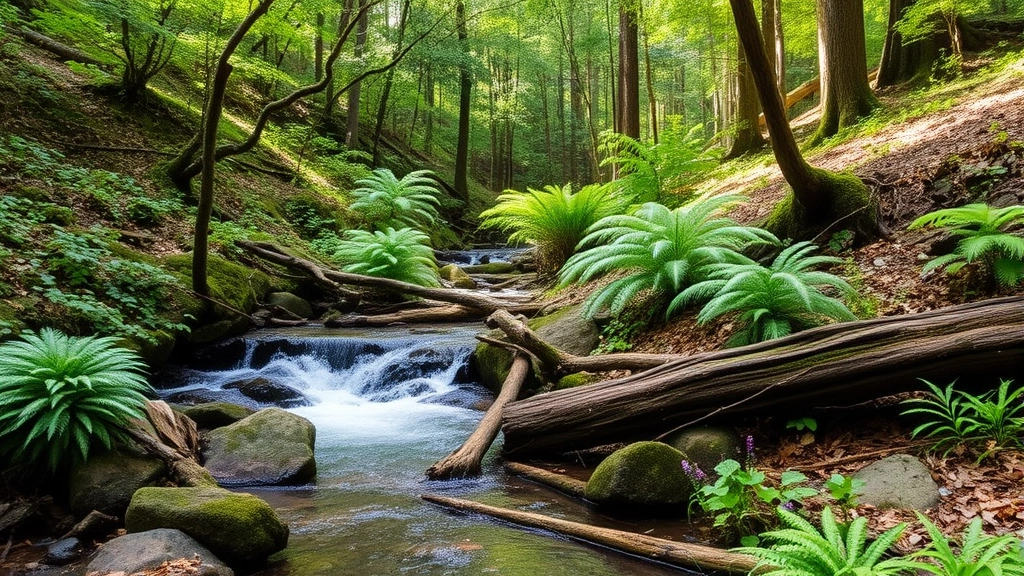 Natural forest ecosystem with diverse vegetation layers, flowing stream or water feature, fallen logs, ferns, wildflowers, dappled sunlight, healthy biodiversity indicators