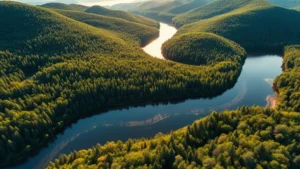 Aerial view of Catskill Mountains watershed with dense forests, winding rivers, and pristine lakes reflecting morning sunlight, photorealistic forest landscape in upstate New York