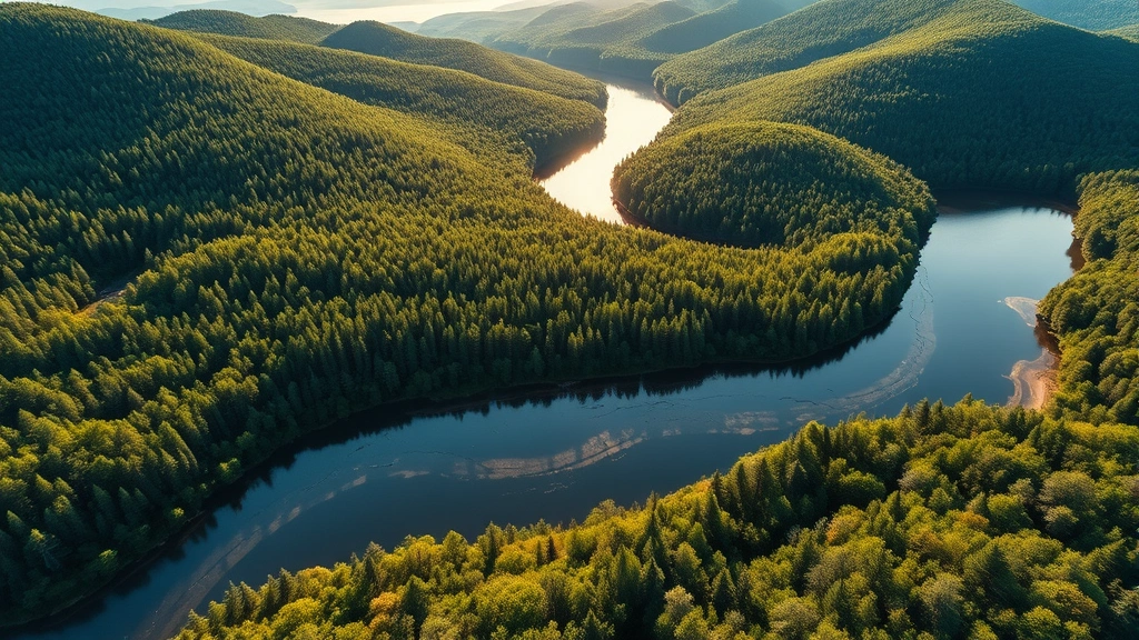 Aerial view of Catskill Mountains watershed with dense forests, winding rivers, and pristine lakes reflecting morning sunlight, photorealistic forest landscape in upstate New York