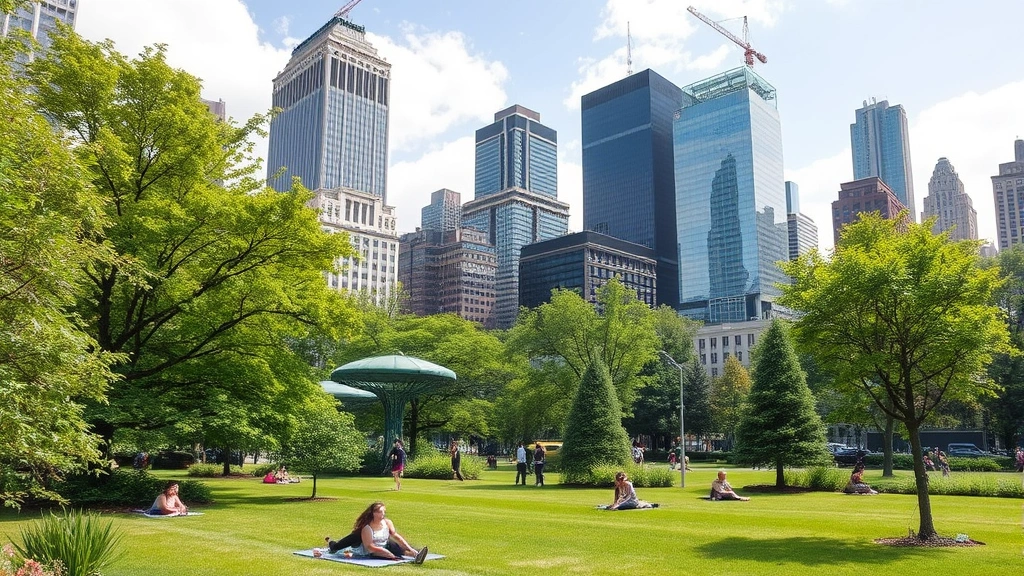 Urban park in Manhattan with lush green trees, native plantings, people exercising and relaxing on grass, modern skyscrapers in background, vibrant city ecosystem integration