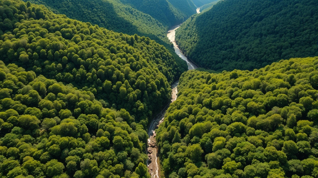 Aerial view of lush green forest canopy with river winding through valleys, sunlight filtering through dense tree cover, showcasing carbon sequestration and water regulation ecosystem services in pristine natural landscape