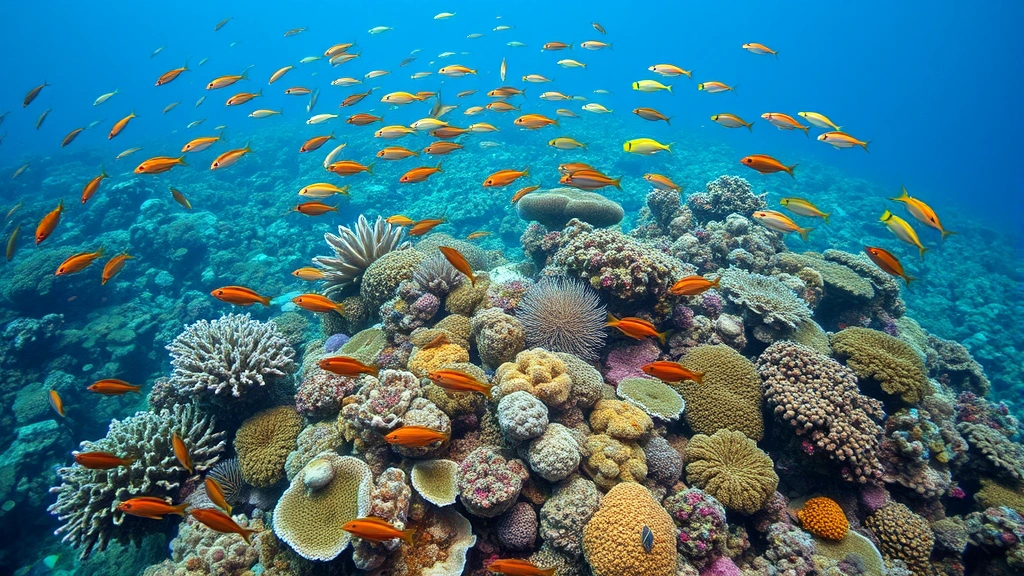 Underwater coral reef ecosystem teeming with colorful fish species, vibrant corals, and marine biodiversity, representing fisheries support and coastal protection services in tropical ocean environment