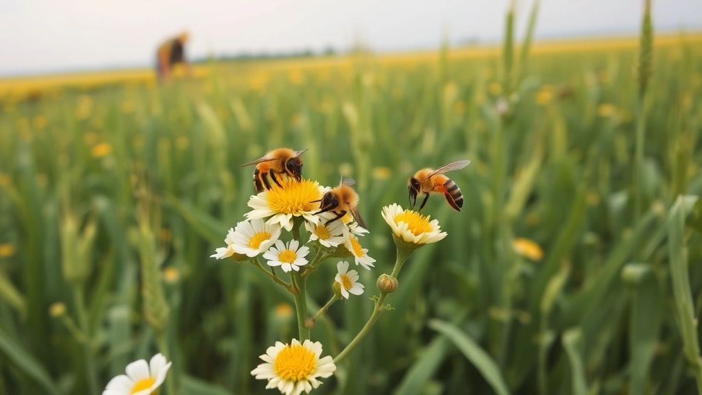 Agricultural field with honeybees pollinating flowering crops, golden wheat or crop plants in background, farmer visible in distance, demonstrating pollination ecosystem services and food production dependency