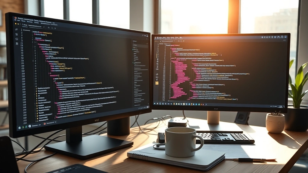 Developer workspace with multiple monitors displaying code editor with environment configuration files, natural sunlight from window, organized desk with notebook and coffee cup, realistic office setting