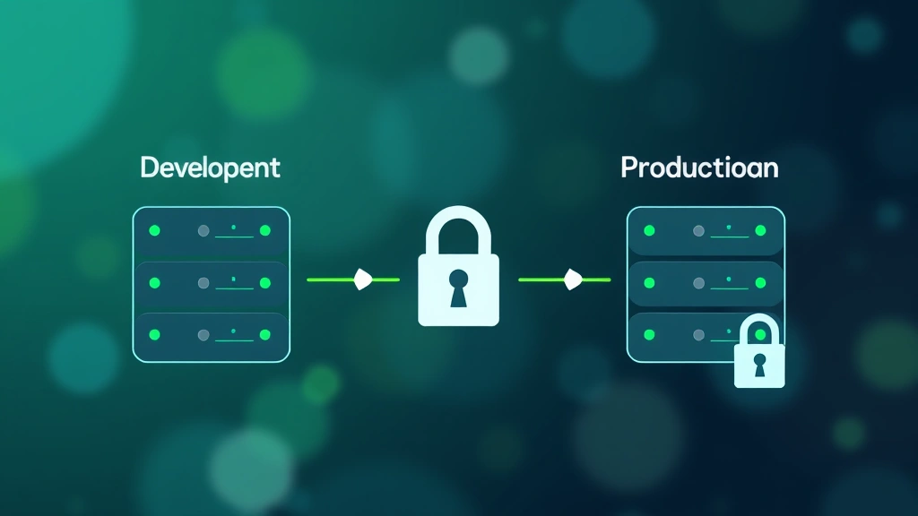 Abstract visualization of secure data flow between development and production servers with green checkmarks and lock icons, digital security concept, clean modern aesthetic with nature-inspired color palette
