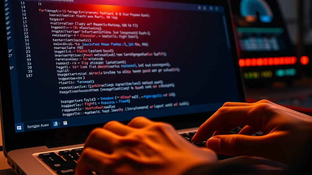 Close-up of hands typing on keyboard with terminal window displaying environment variables and configuration, warm lighting, focused work environment, realistic technology setup