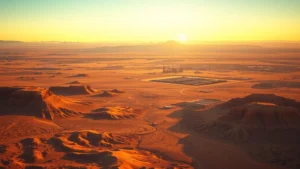 Photorealistic aerial view of New Mexico landscape showing desert terrain, mountains, and oil/gas infrastructure in distance, golden hour lighting, wide vista perspective, no text or labels