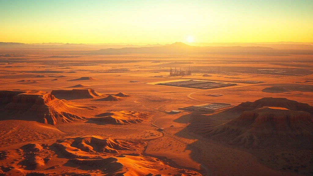 Photorealistic aerial view of New Mexico landscape showing desert terrain, mountains, and oil/gas infrastructure in distance, golden hour lighting, wide vista perspective, no text or labels