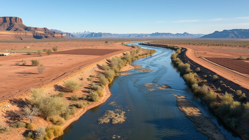 Photorealistic image of Rio Grande river flowing through arid New Mexico valley with agricultural irrigation channels visible, cottonwood trees along banks, mountains in background, natural lighting