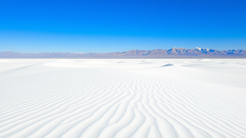 Photorealistic photograph of White Sands National Park with pristine white gypsum dunes, clear blue sky, and distant mountains, showing natural landscape without any text or human structures visible