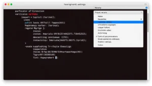 macOS Terminal window displaying shell configuration with environment variables, modern clean interface, system settings visible in background, professional development environment