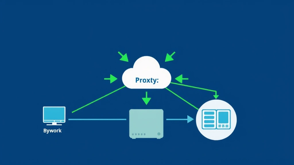 Network diagram showing proxy server with bypass arrows pointing to local resources, servers, and internal systems, clean technical illustration style, blue and green color scheme