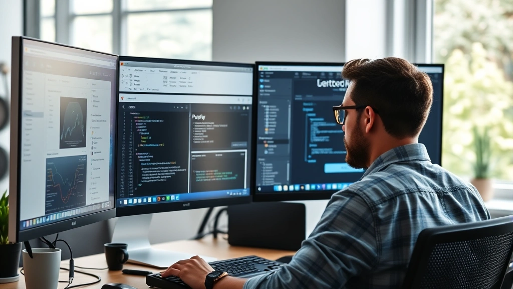 Developer working at Mac computer with multiple monitors showing network monitoring tools and proxy settings, focused workspace, natural lighting from window, realistic office environment