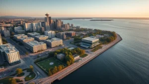 Aerial view of Seattle waterfront with modern convention center and surrounding green spaces during daytime, showing urban-nature integration with Puget Sound visible, photorealistic