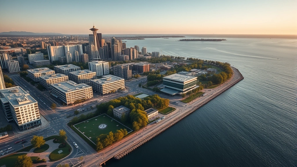 Aerial view of Seattle waterfront with modern convention center and surrounding green spaces during daytime, showing urban-nature integration with Puget Sound visible, photorealistic