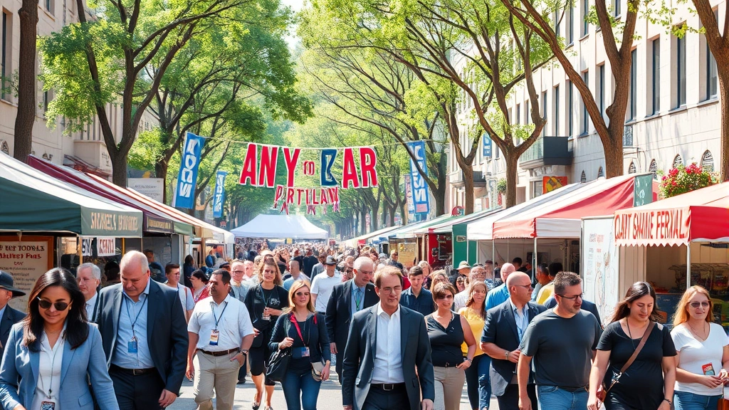 Diverse crowd of business professionals and tourists walking through Portland street festival with local vendor booths, food trucks, and street trees, vibrant summer atmosphere, photorealistic
