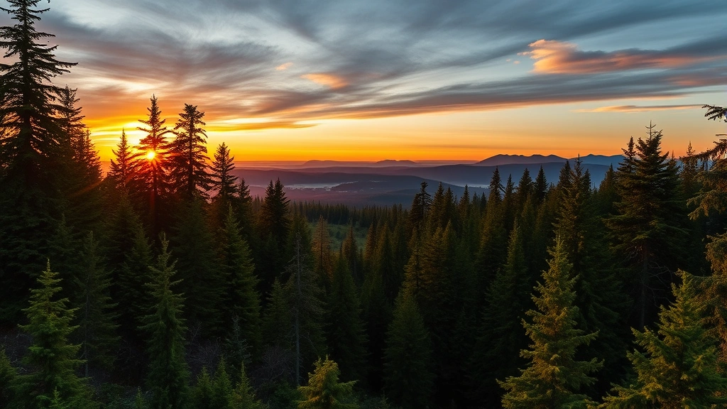 Sunset over Pacific Northwest forest landscape with distant mountains, pristine wilderness environment showing ecological systems, no human structures visible, photorealistic