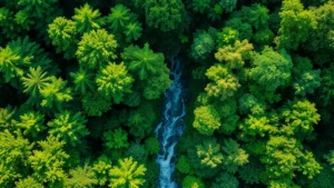 Forest canopy aerial view with river flowing through, dense green vegetation, sunlight filtering through leaves, pristine ecosystem untouched by development, vibrant biodiversity