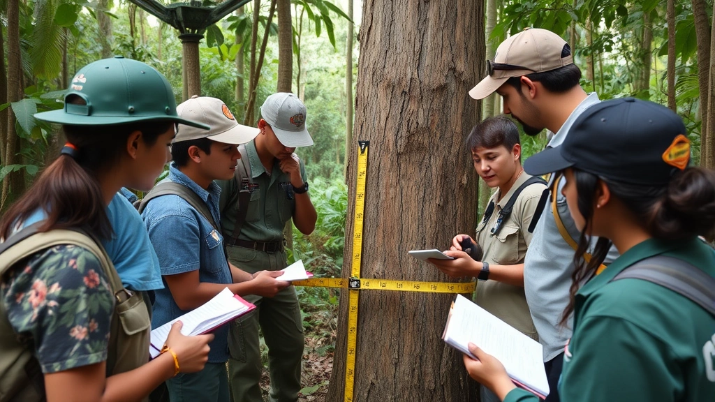 Conservation team measuring tree diameter in tropical forest, field work equipment, data collection notebooks, diverse workers collaborating on environmental monitoring project