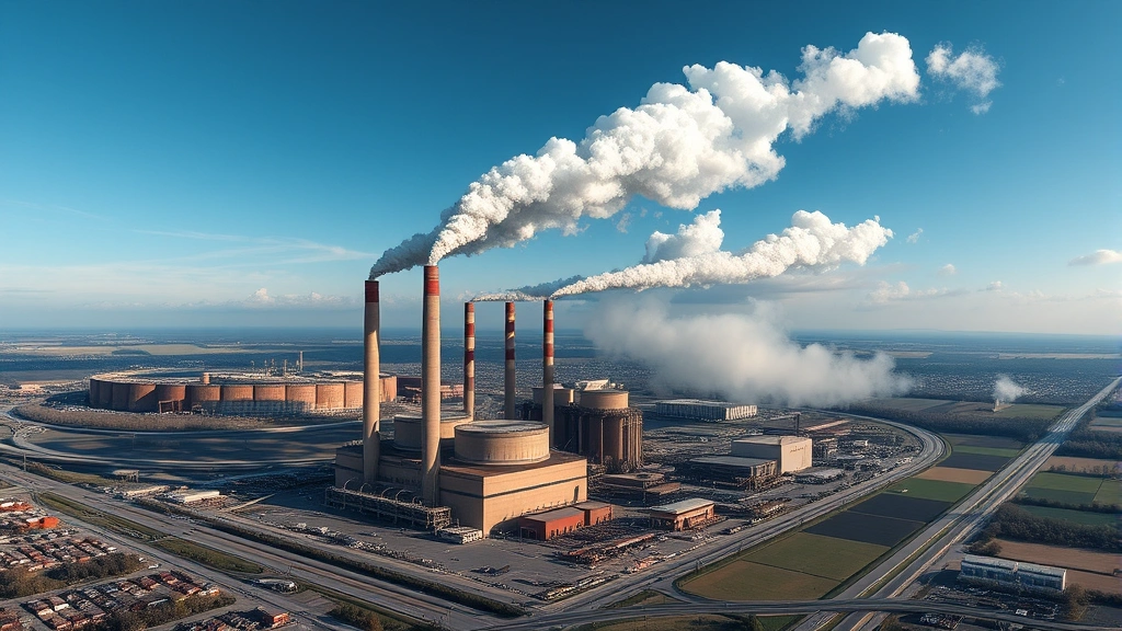 Industrial manufacturing facility with multiple smokestacks emitting visible emissions into sky, surrounded by developed landscape with roads and urban infrastructure, photorealistic perspective, environmental impact visible