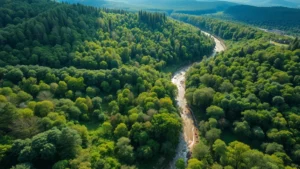 Aerial view of diverse forest ecosystem with canopy layers, river flowing through landscape, sunlight filtering through trees, vibrant green vegetation, no text or labels, photorealistic high-resolution