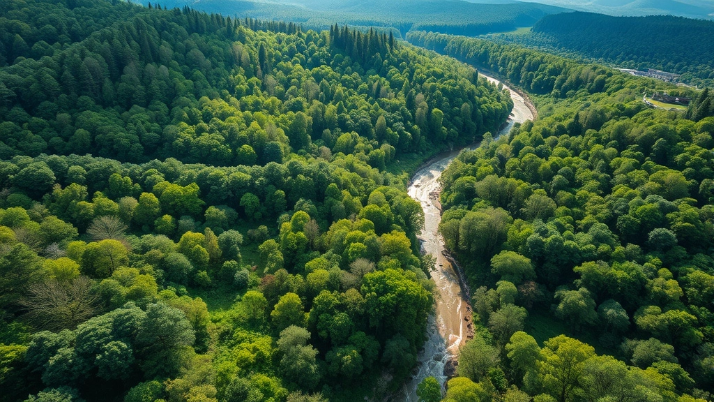 Aerial view of diverse forest ecosystem with canopy layers, river flowing through landscape, sunlight filtering through trees, vibrant green vegetation, no text or labels, photorealistic high-resolution