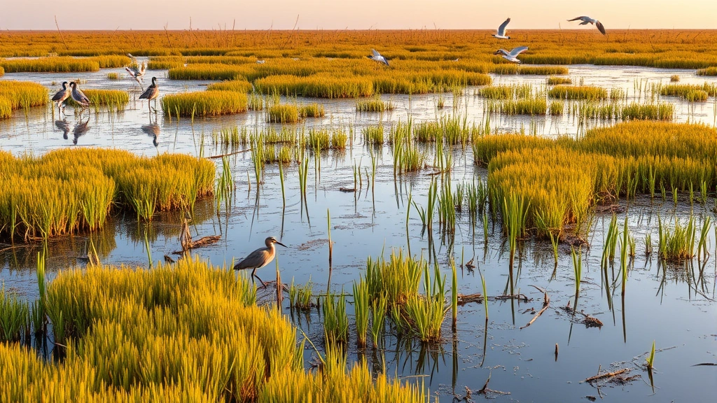 Wetland ecosystem with marsh grasses, water reflections, migratory birds, healthy vegetation, natural water filtration in action, golden hour lighting, photorealistic nature photography