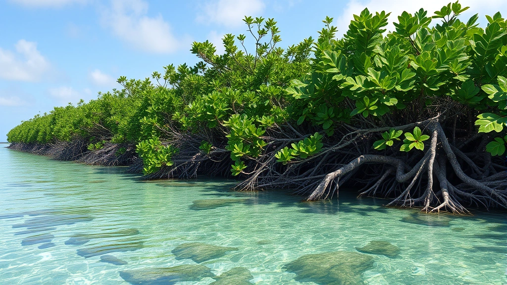 Coastal mangrove forest protecting shoreline, intricate root systems, marine life habitat, storm protection visualization, lush tropical vegetation, clear water, photorealistic environmental imagery