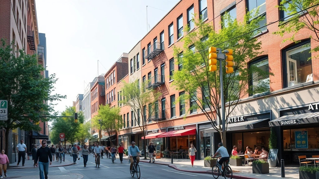 Urban walkable neighborhood with diverse pedestrians, cyclists, and mixed-use buildings featuring ground-floor restaurants and shops, tree-lined streets, natural lighting, vibrant community spaces, photorealistic daytime scene with clear skies