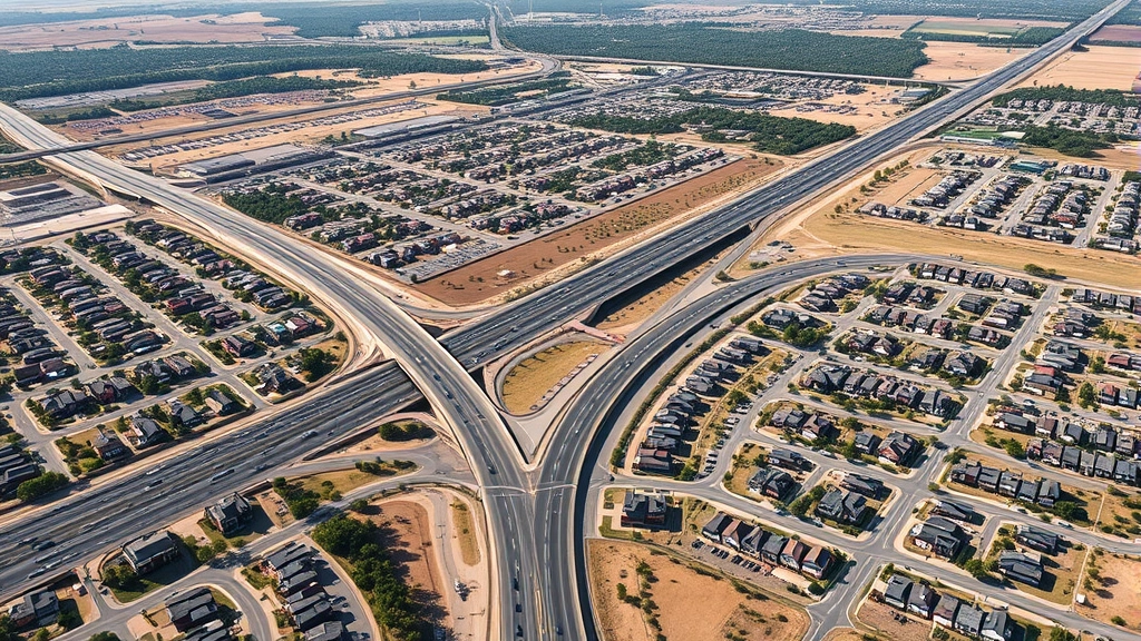 Aerial view of sprawling suburban development with wide highways, isolated single-family homes, extensive parking lots, minimal vegetation, car-dependent infrastructure, photorealistic landscape showing contrast between developed and natural areas