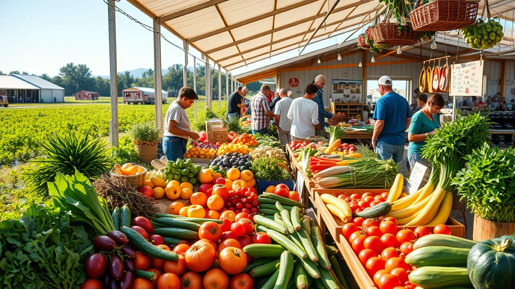 Fresh farmers market with abundant colorful produce, diverse vegetables and fruits, community members shopping, natural sunlight, vibrant colors, local farm setting, photorealistic scene emphasizing food abundance and accessibility
