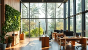Modern office interior with floor-to-ceiling windows overlooking green forest landscape, natural wood furniture, living plant wall, employees working at sustainable wooden desks with ambient daylight streaming through glass, contemporary minimalist aesthetic, photorealistic, no people visible, peaceful workspace atmosphere