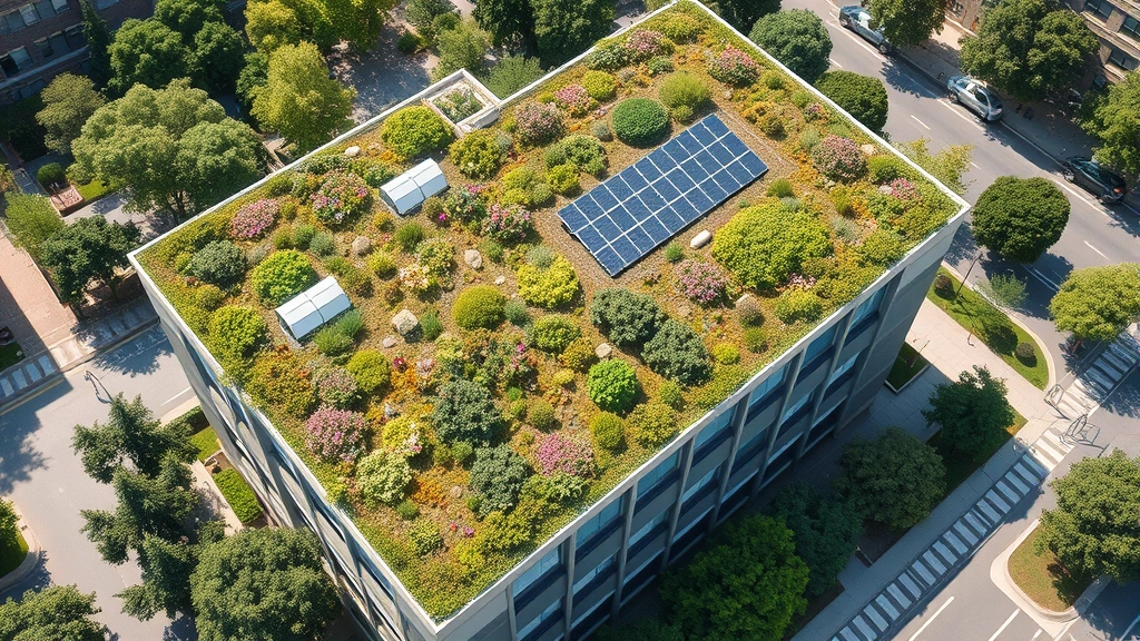 Overhead view of sustainable office building with extensive green roof covered in native vegetation and wildflowers, rooftop solar panel array, permeable paving surfaces, surrounding trees and landscaping visible, urban environment integration, photorealistic aerial perspective, showing water retention features and ecological integration