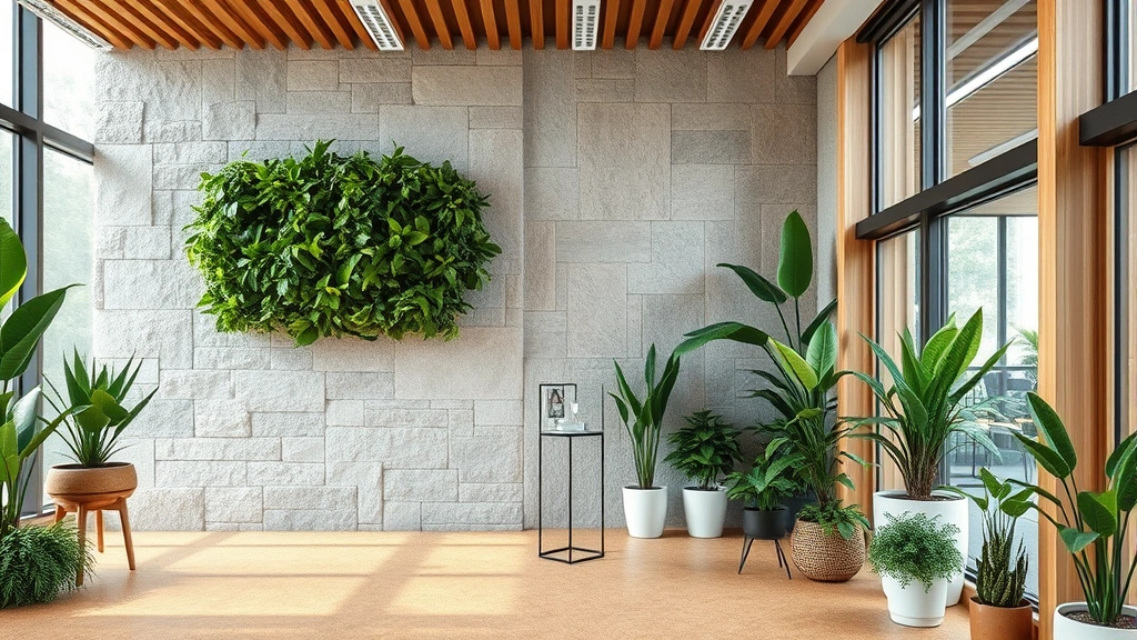 Close-up of office space featuring biophilic design elements: living plant installation on interior wall, natural stone surface, sustainable cork flooring, wooden architectural elements, soft natural lighting, indoor air quality plants in various sizes, organic textures and materials, photorealistic detail showing material quality and nature integration
