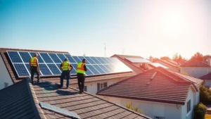 Solar panel installation workers on residential rooftops in suburban neighborhood, bright sunlight illuminating panels and homes, diverse team of technicians in safety gear, modern suburban homes with newly installed systems, clear blue sky background, photorealistic daytime scene showing renewable energy infrastructure development