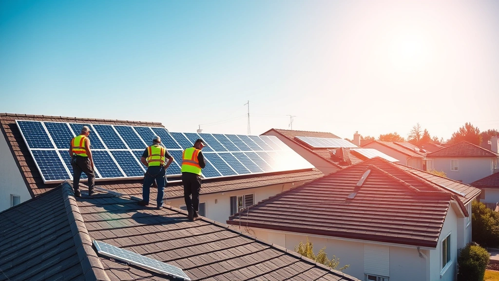 Solar panel installation workers on residential rooftops in suburban neighborhood, bright sunlight illuminating panels and homes, diverse team of technicians in safety gear, modern suburban homes with newly installed systems, clear blue sky background, photorealistic daytime scene showing renewable energy infrastructure development